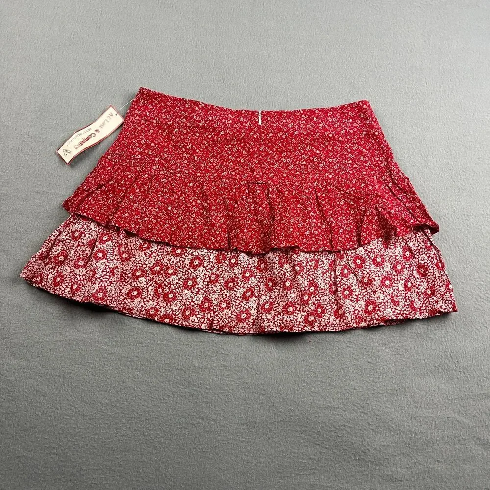 NWT At Last & Company Vtg Ruffled Cottagecore Red Floral Mini Skirt Women's Med